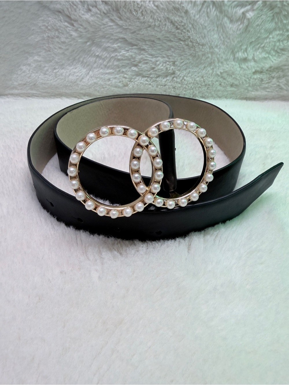 Black Pearl-Embellished Gold Double-Ring 1 Inch Wide Belt ❤️ Belt Holes 32-36”